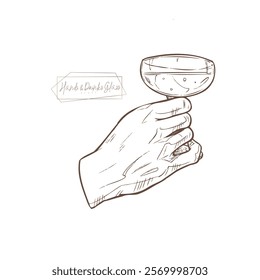 Illustration of a human hand elegantly holding a champagne glass. Use in food and beverage production projects, restaurant branding or art design. Perfect for wine or culinary concepts