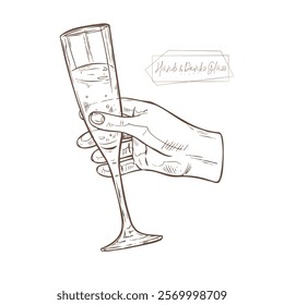 Illustration of a human hand elegantly holding a champagne glass. Use in food and beverage production projects, restaurant branding or art design. Perfect for wine or culinary concepts