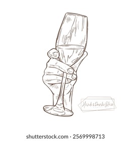 Illustration of a human hand elegantly holding a champagne glass. Use in food and beverage production projects, restaurant branding or art design. Perfect for wine or culinary concepts