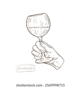 Illustration of a human hand elegantly holding a wine glass. Use in food and beverage production projects, restaurant branding or art design. Perfect for wine or culinary concepts