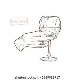 Illustration of a human hand elegantly holding a wine glass. Use in food and beverage production projects, restaurant branding or art design. Perfect for wine or culinary concepts