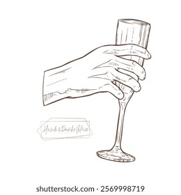 Illustration of a human hand elegantly holding a champagne glass. Use in food and beverage production projects, restaurant branding or art design. Perfect for wine or culinary concepts