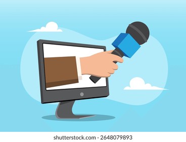 An illustration of a human hand extending out from the screen of a desktop computer monitor and holding a microphone. 