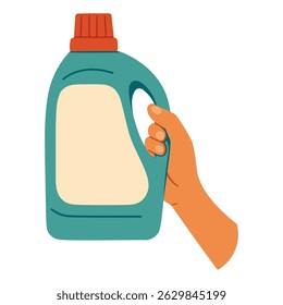 Illustration of a human hand gripping a teal-blue plastic laundry detergent bottle with a red cap. A common cleaning product icon used in household and hygiene themes.
