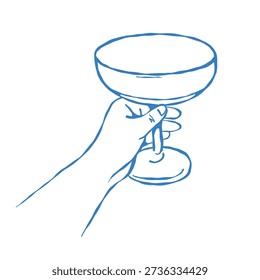 Illustration of a human hand holding an empty glass. Vector outline illustration in blue. Glass of wine, martini, or champagne. Clipart for parties, menus, and birthdays.