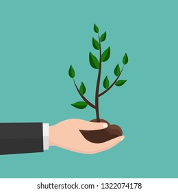 Illustration of human hand holding green small plant. Image for booklets, banners, flayers, article and social media.