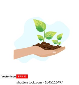 Illustration of human hand holding green small tree. Image for booklets, banners, flayers, article and social media.