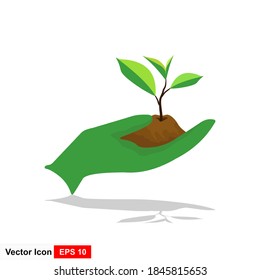 Illustration of human hand holding green small tree. Image for booklets, banners, flayers, article and social media.