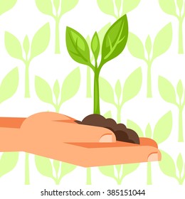 Illustration of human hand holding green small plant.