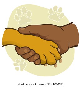 Illustration human hand holding a paw, African descent. Ideal for catalogs, informative and veterinary institutional material