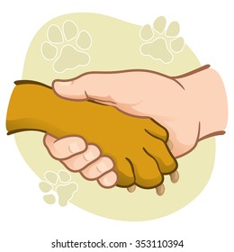 Illustration human hand holding a paw, caucasian. Ideal for catalogs, informative and veterinary institutional material