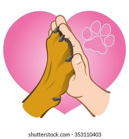 Illustration human hand holding a paw, heart, caucasian. Ideal for catalogs, informative and veterinary institutional material