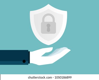 illustration of human hand holding shield with key lock vector background