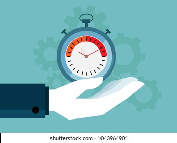 illustration of human hand holding stopwatch and cog gear wheels background, time management concept