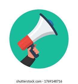 Ilustración de la mano humana con megáfono en estilo plano. Elemento de diseño para logotipo, etiqueta, cartel, afiche, camiseta. Ilustración del vector