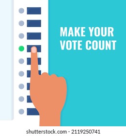 Illustration Of Human Hand Pressing Button For Count Your Vote On Blue Background.