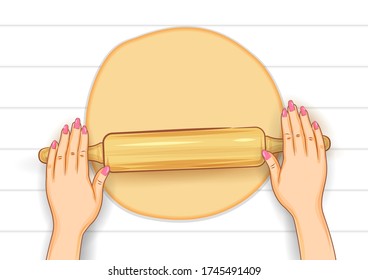 illustration of human hand rolling dough on wooden board for bread or pizza making