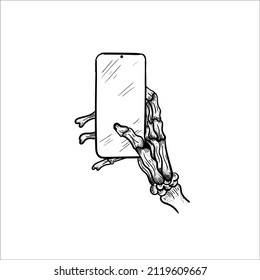 Illustration Of A Human Hand Skeleton Holding A Mobile Phone. Hand Drawing Of A Human Hand Skeleton Operating A Smartphone