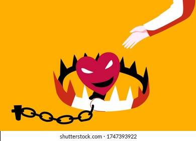 Illustration of a human hand stretching out to catch a bad heart in a trap.