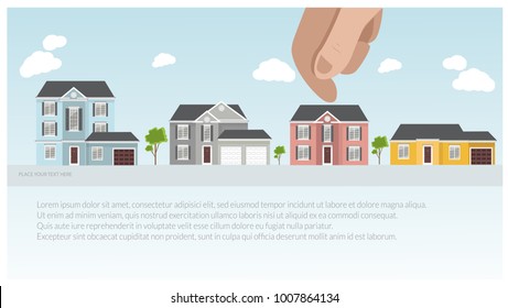 Illustration of human hand  and various modern houses, house selection, house project, real estate concept. Banner and Background for houses sales