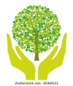 Illustration with human hands and green tree