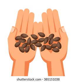 Illustration of human hands holding handful seeds.