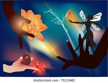 ilustración con manos humanas con objetos mágicos