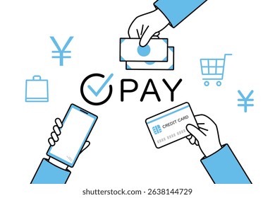 Illustration of human hands making payments in various ways