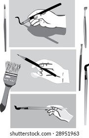 illustration with human hands, pens and brushes