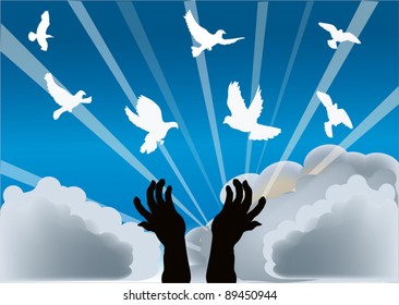 illustration with human hands and pigeons