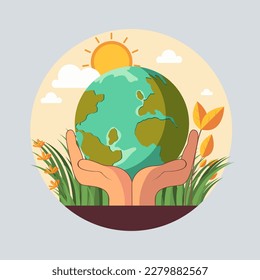 Illustration of Human Hands Protecting Earth Globe With Grass, Flowers, Sun On Peach And Gray Background.