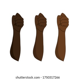 illustration of human hands raised up in three colors skin tones. flat design vector.