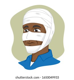 Illustration of a human head with bandages, afro descendant. Ideal for catalogs, information and first aid guides