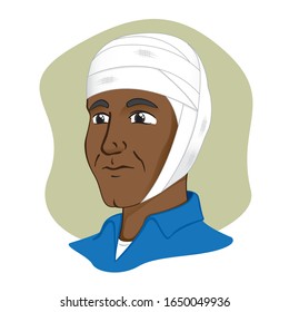 Illustration of a human head with bandages, afro descendant. Ideal for catalogs, information and first aid guides