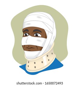 Illustration of a human head with bandages using cervical collar to immobilize the neck, afro descendant. Ideal for catalogs, information and first aid guides