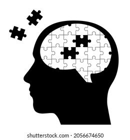 Illustration of a human head with brain and puzzle pieces.
