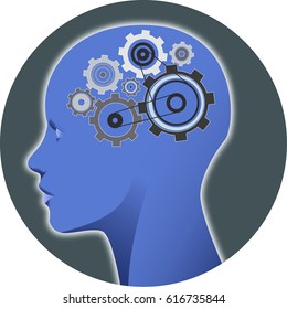 Illustration: a human head with cogs, representing the mental processes