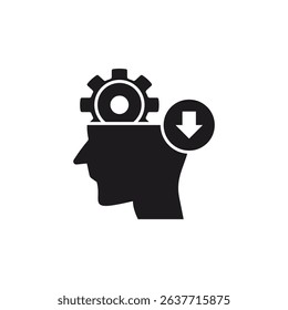 Illustration of a human head with gears inside, symbolizing the thought process, and an arrow pointing down, signifying a decline or negative direction in thought. This icon uses a glyp style eps file