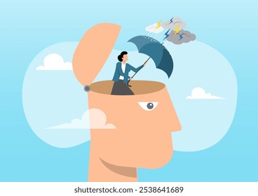 An illustration of human head with his self using umbrella to protect from heavy raining storm depression. Mental health protection, support mental illness suffering concept