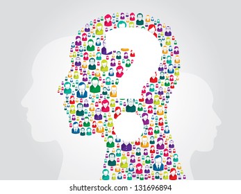 Illustration of human head with icons of people with question mark