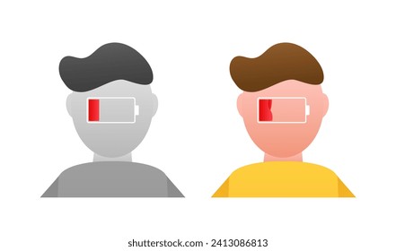 Ilustración de perfiles de cabeza humana con bajo símbolo de batería, diseño conceptual para agotamiento mental o agotamiento de energía
