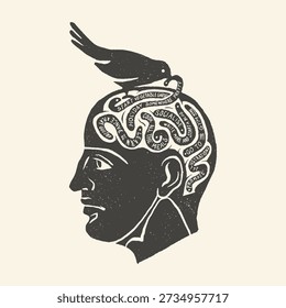 A illustration of a human head silhouette containing a mind map of various goals, with a bird perched on top.