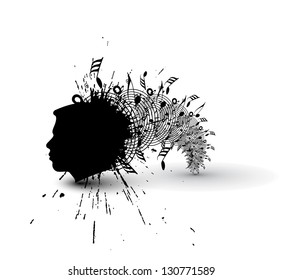 illustration of human head silhouette with musical notes burst effect design, vector illustration
