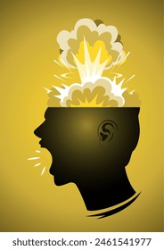 Una ilustración de la silueta de la cabeza humana con la caja cerebral abierta y la silueta de la explosión nuclear aislada sobre fondo blanco. Concepto alucinante