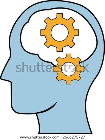 Illustration of a human head silhouette with two interlocking gears inside the brain area, representing thought process.