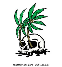 illustration of a human head skull with two coconut trees growing in eye holes