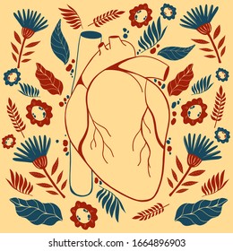 Illustration of human heart with beautiful flowers growing out of it. Vector flat illustration. Hand drawn