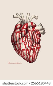 Illustration of human heart with inner phrase. Concept. Art. Poster. Vector