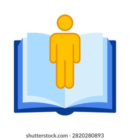 Illustration of a human icon standing on an open book representing education learning and personal growth