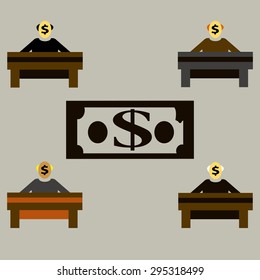 Illustration of human icons with table and dollar.